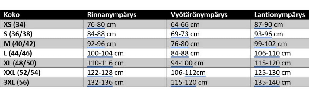 Iltapuvun mitta taulukko, jonka avulla voit katsoa sopiiko koko sinulle 