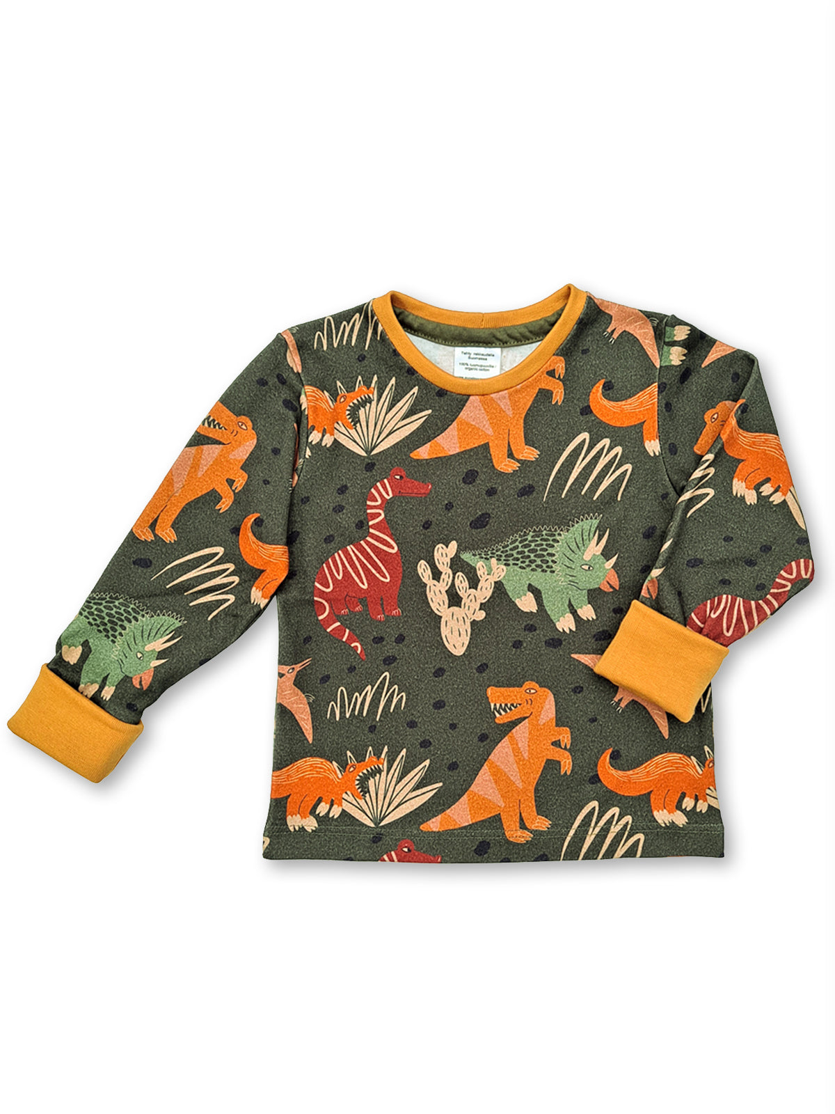 Lasten luomupuuvillainen paita dinosauruskuosilla. Valmistettu rakkaudella Suomessa!